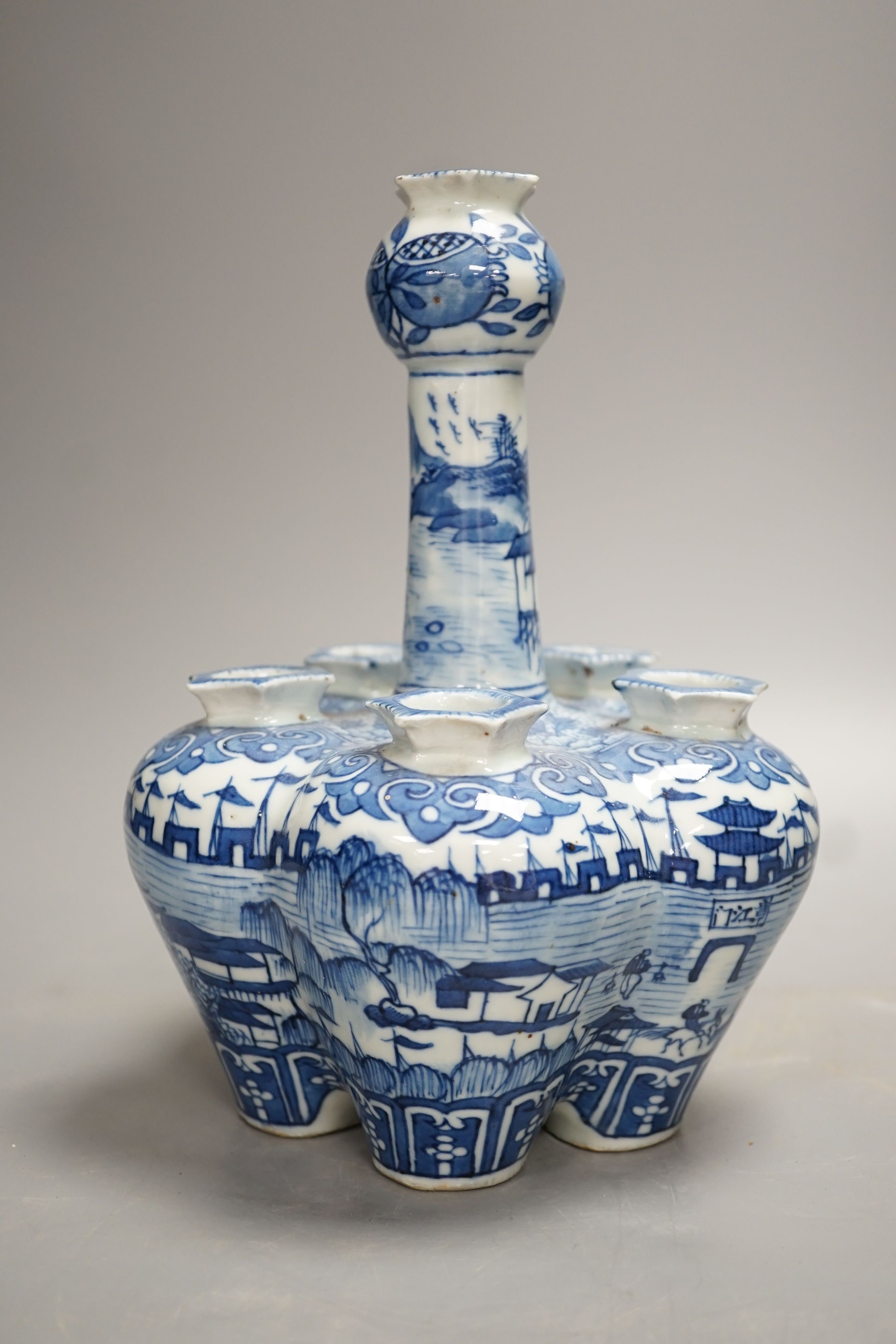 A 19th century Chinese blue and white tulip vase, painted with the pavilion of Prince Teng - 24cm high